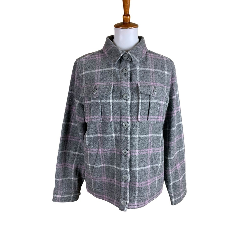 J Crew Gray Pink Plaid Wool Blend Jacket Button Front Shacket Small